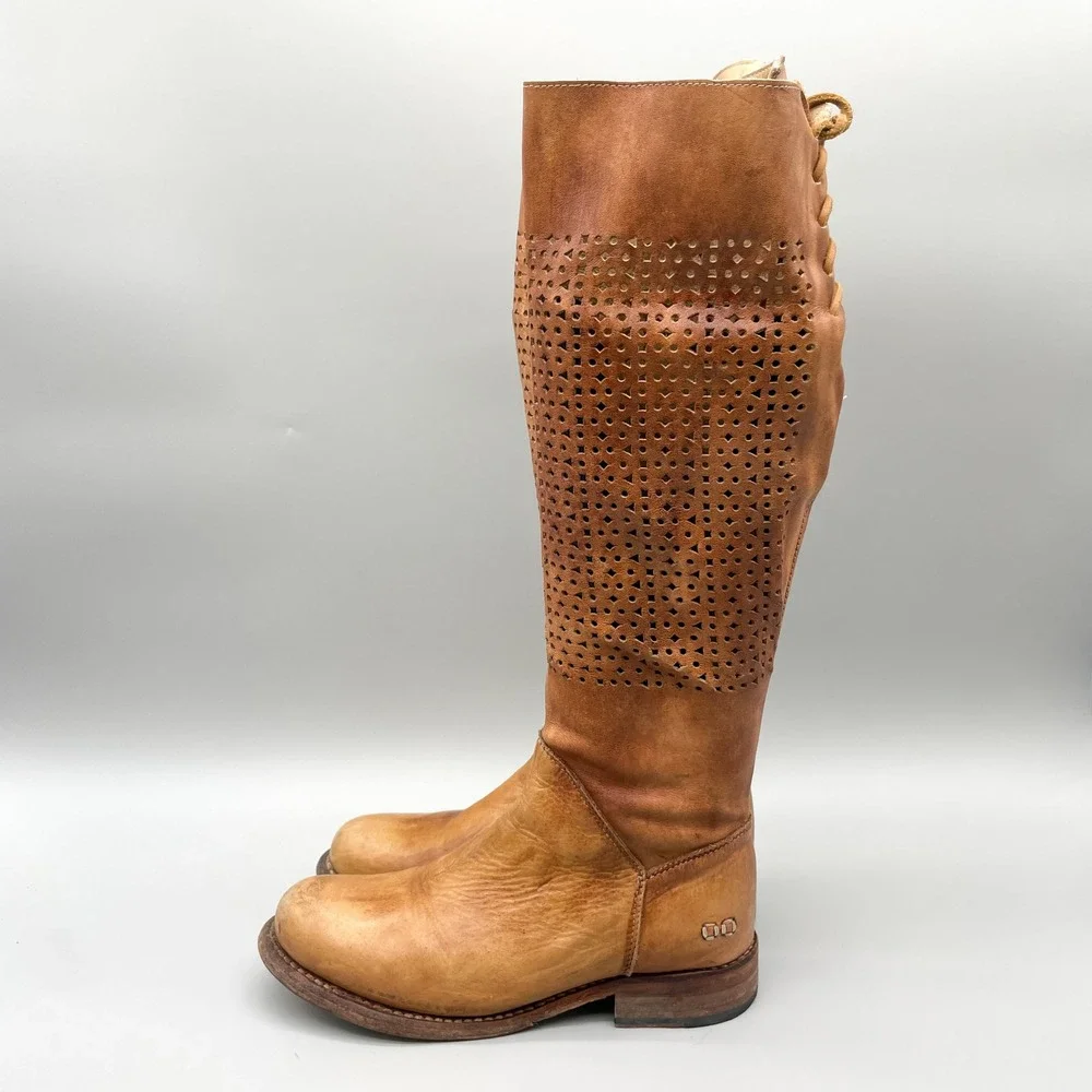 Bed Stu Cambridge Boots Womens 6.5 Tan Distressed Leather Perforated Tall Boho